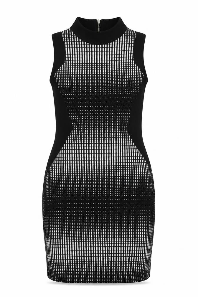 NEXT Womens Black Geometric Cotton Bodycon  Size 8  Mock Neck Zip