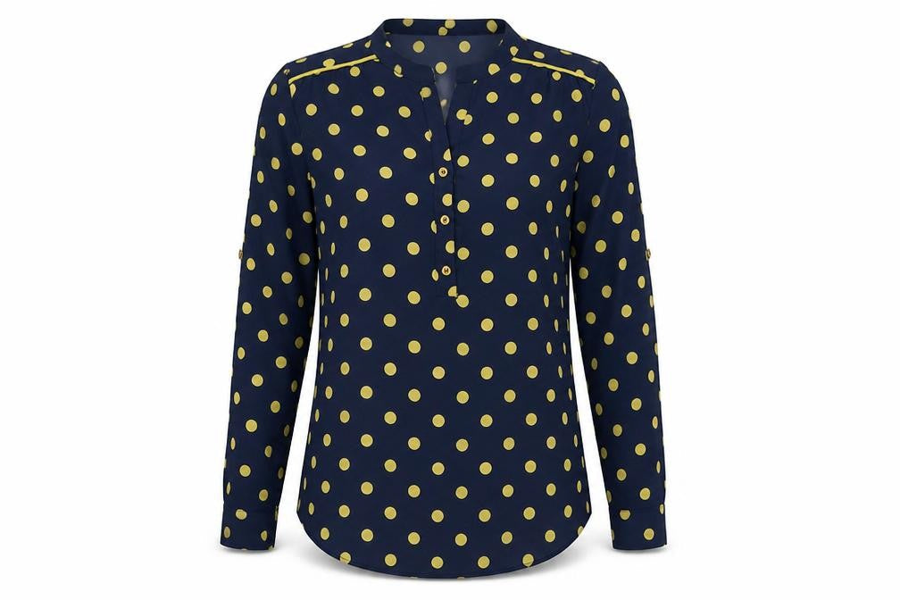 Preworn Womens Blue Polka Dot Polyester Ringer Blouse Size S Crew Neck