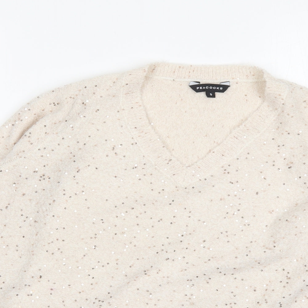 Peacocks Womens Beige V-Neck  Acrylic Pullover Jumper Size S