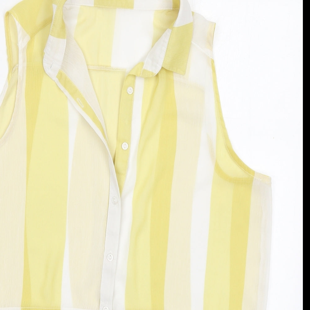 Knitmania Womens Yellow Striped Polyester Basic Button-Up Size 12 Collared