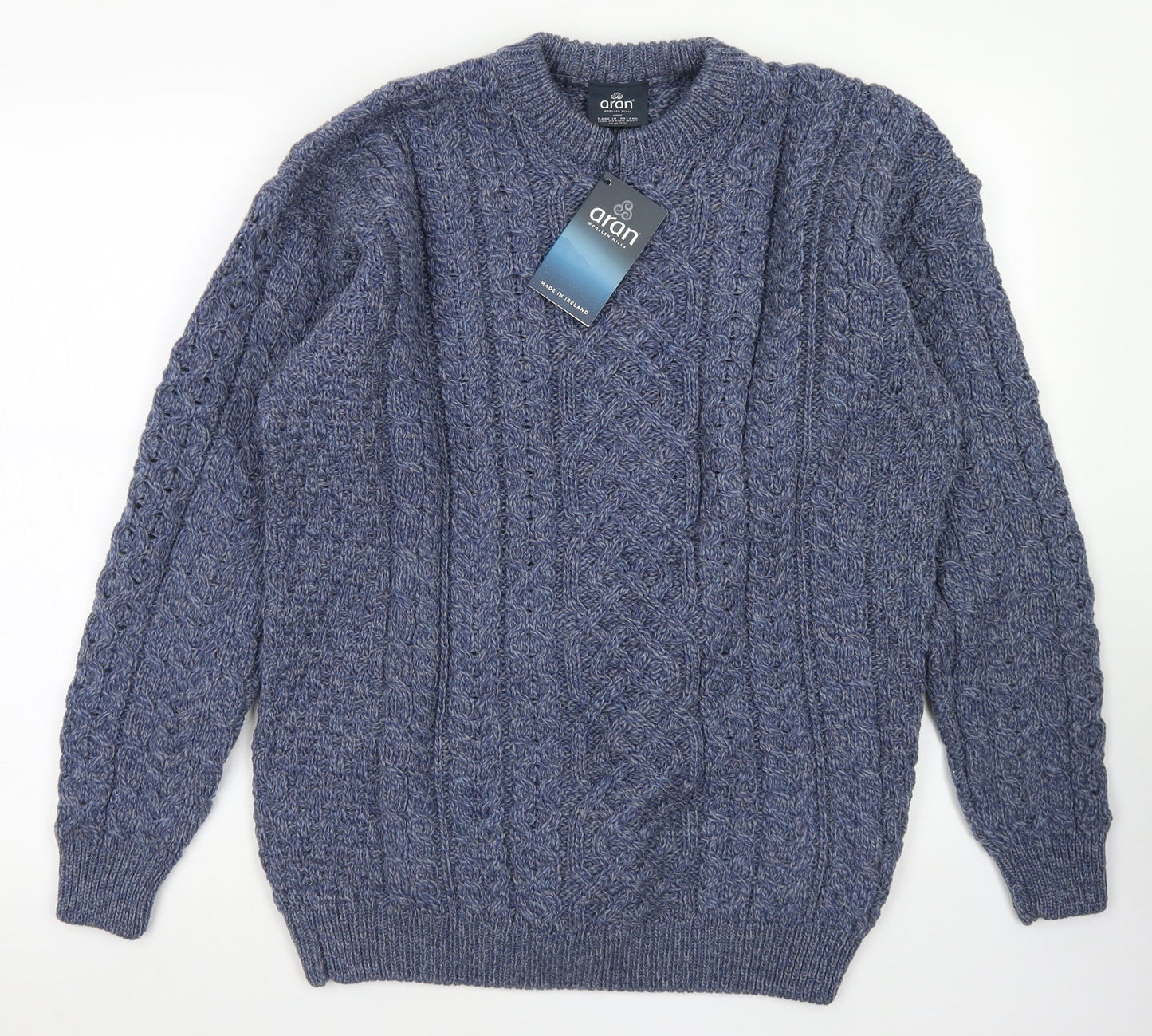 aran Mens Blue Crew Neck  Wool Pullover Jumper Size L