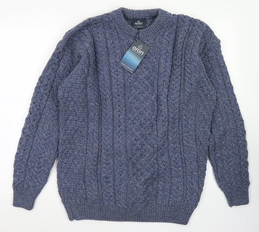 aran Mens Blue Crew Neck  Wool Pullover Jumper Size L