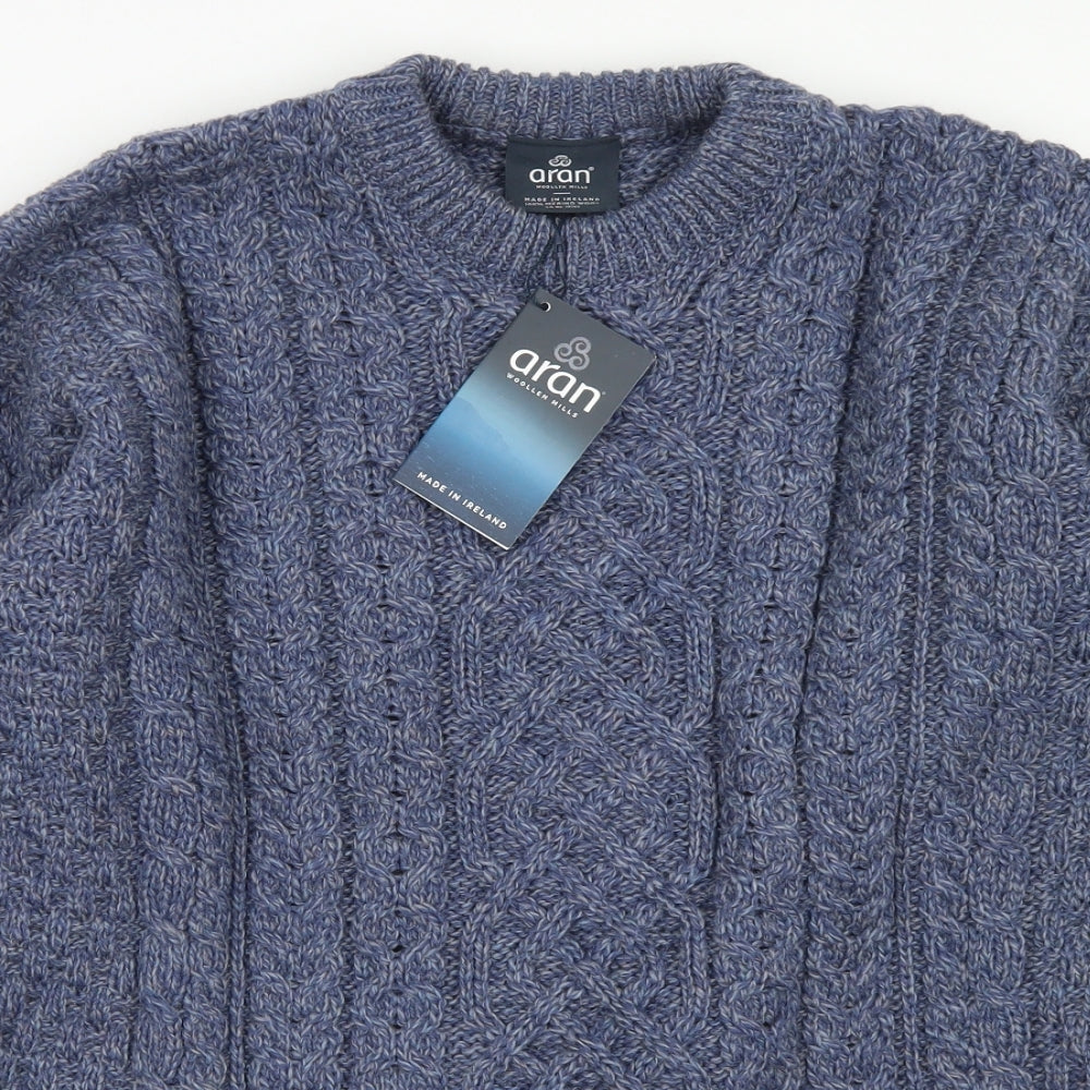 aran Mens Blue Crew Neck  Wool Pullover Jumper Size L