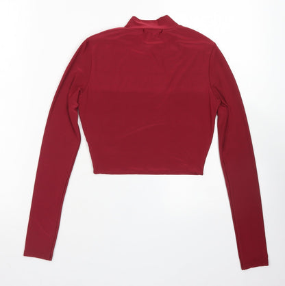 Preloved PRETTYLITTLETHING Womens Red  Polyester Cropped T-Shirt Size 4 Mock Neck - Front