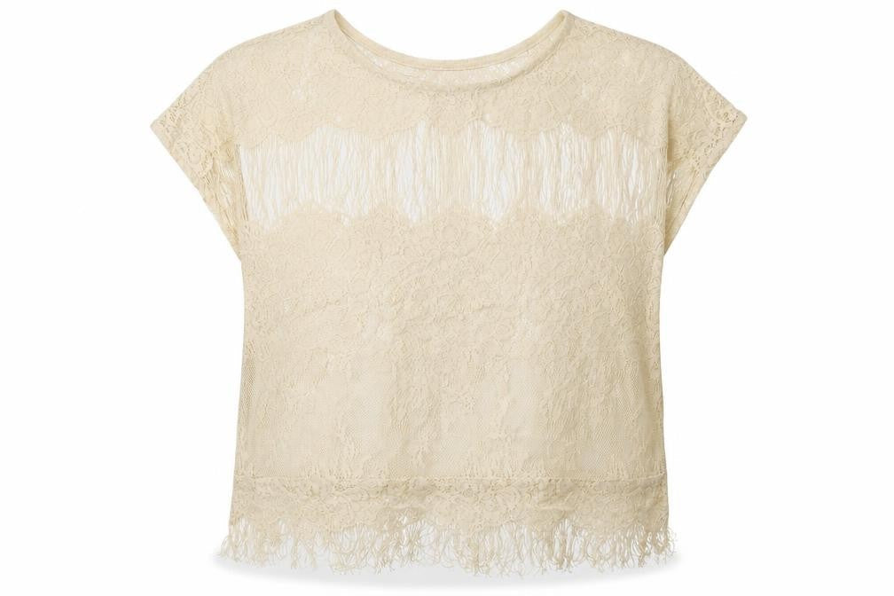 miss chevous Womens White  Nylon Basic T-Shirt Size L Crew Neck - Lace Detail