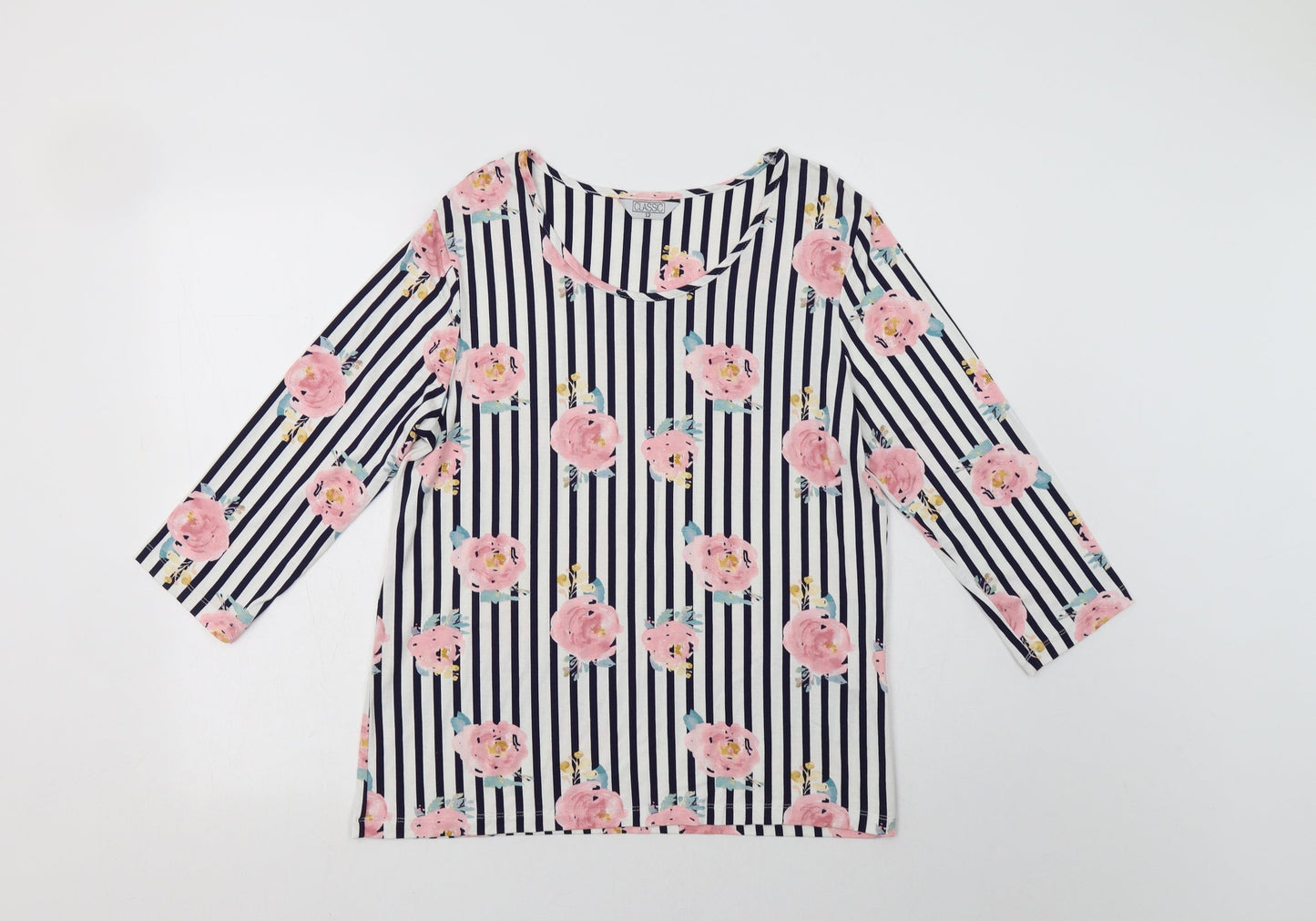 Classic Womens White Striped Polyester Basic Blouse Size 12 Round Neck