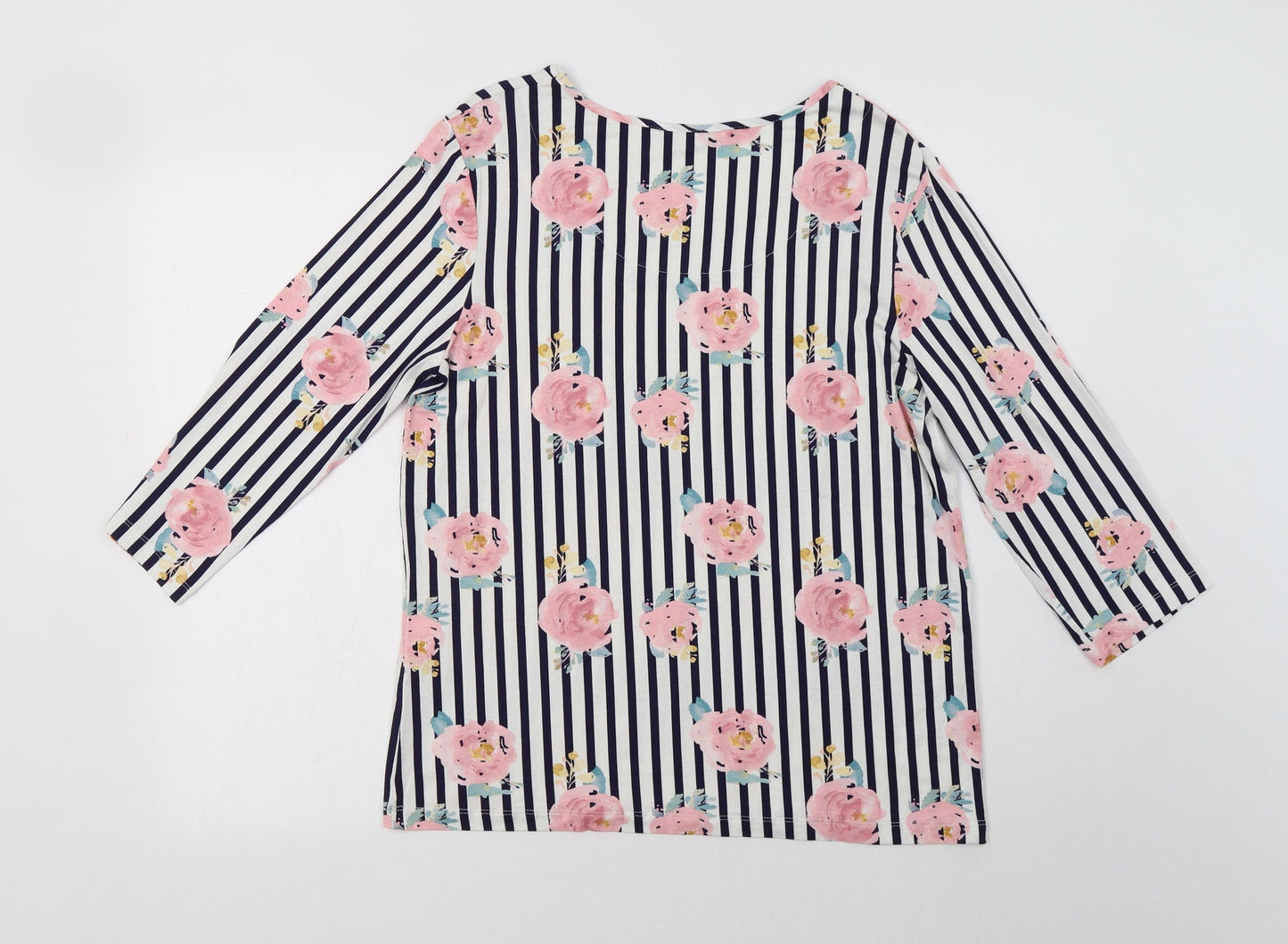 Classic Womens White Striped Polyester Basic Blouse Size 12 Round Neck