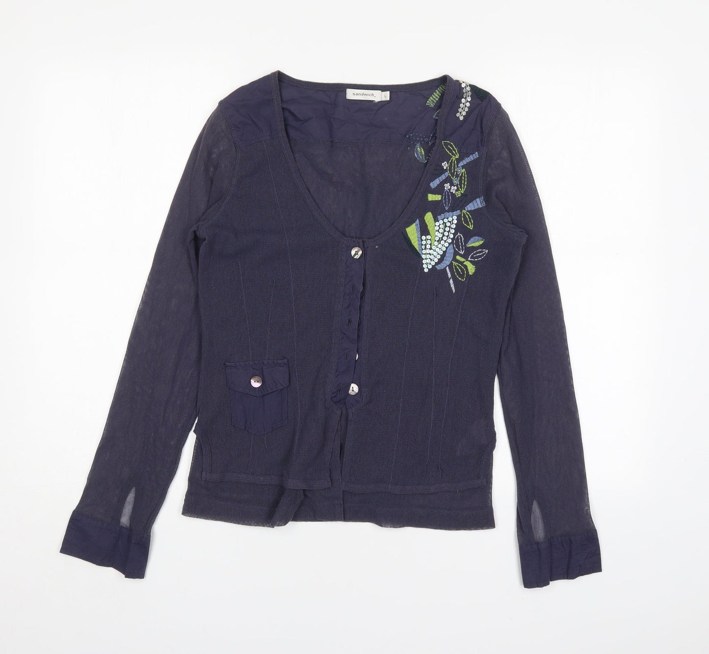 Sandwich Womens Blue Scoop Neck Floral Polyester Cardigan Jumper Size L