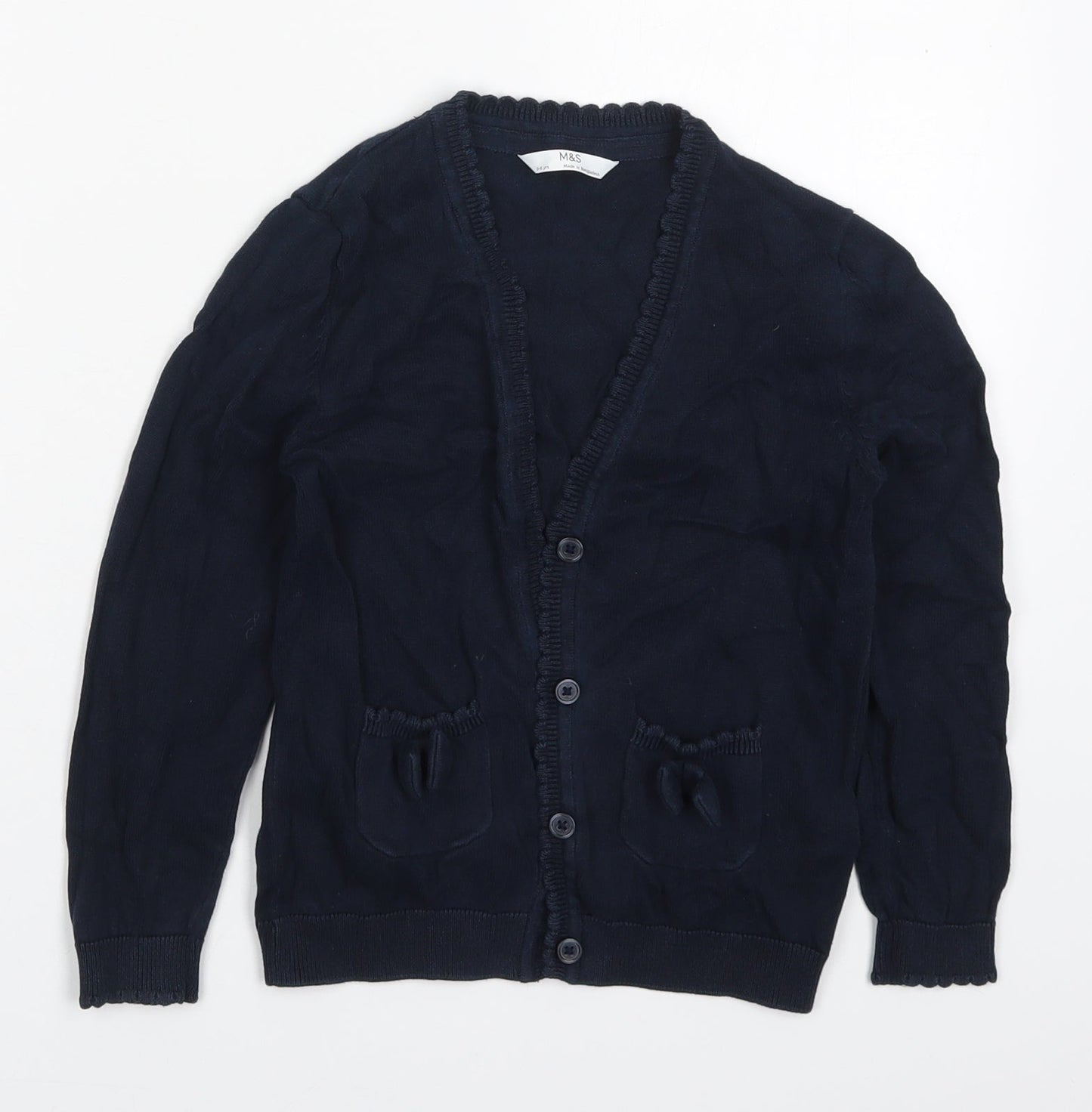 Marks and Spencer Girls Blue V-Neck  Cotton Cardigan Jumper Size 5-6 Years  Button