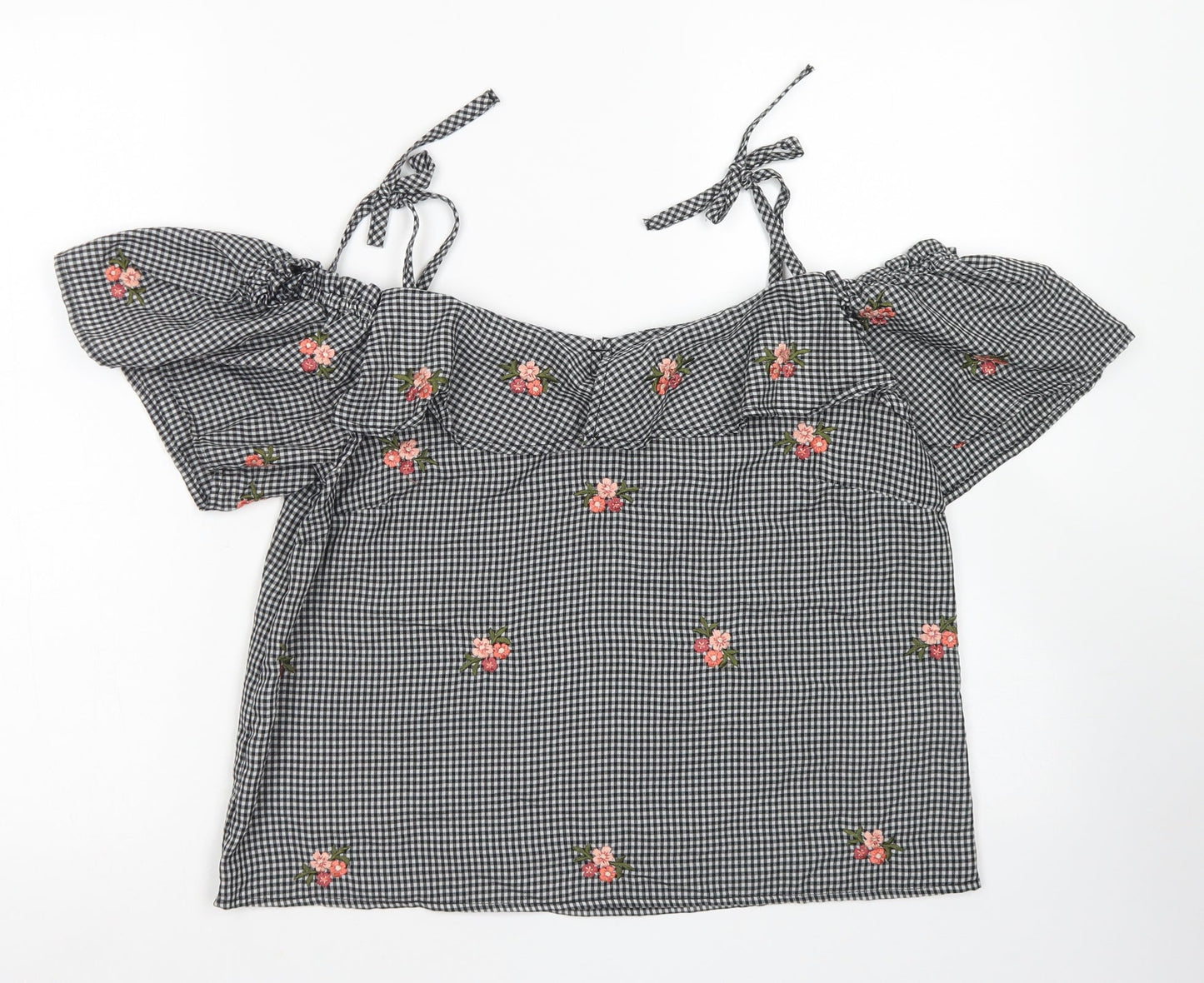 New Look Womens Black Check Polyester Cropped Blouse Size 12 Off the Shoulder - Cold Shoulder