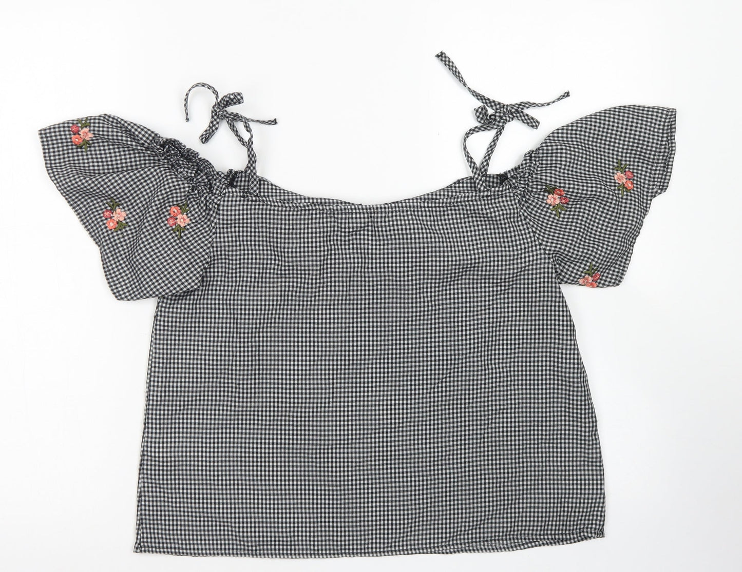 New Look Womens Black Check Polyester Cropped Blouse Size 12 Off the Shoulder - Cold Shoulder