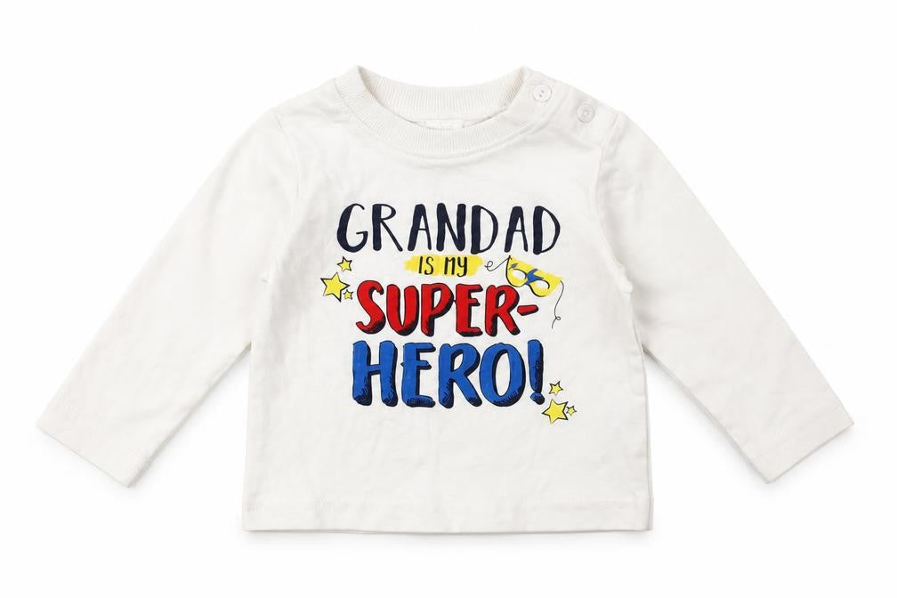 Baby M&Co Baby White  Cotton Basic T-Shirt Size 3-6 Months Round Neck  - Grandad is my superhero