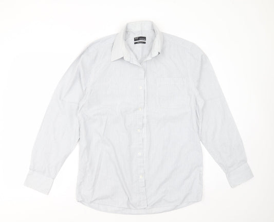 B&W Mens White Striped Polyester  Button-Up Size 15.5 Collared Button