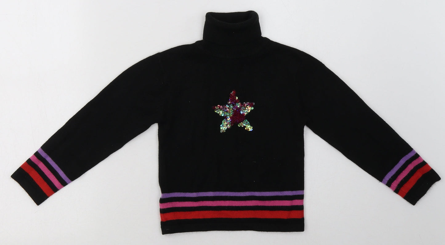 Preworn Girls Black Striped Acrylic Basic Casual Size 4-5 Years Roll Neck Pullover - Star Print