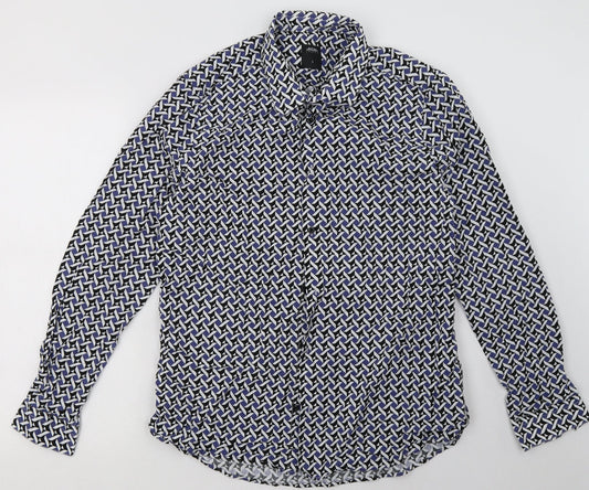 Burton Mens Blue Geometric Cotton  Button-Up Size L Collared Button