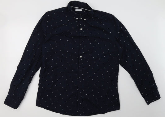 NEXT Mens Blue Geometric Cotton  Button-Up Size L Collared Button