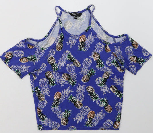 New Look Girls Blue Geometric Viscose Basic T-Shirt Size 12-13 Years Crew Neck Pullover - Pineapple Print
