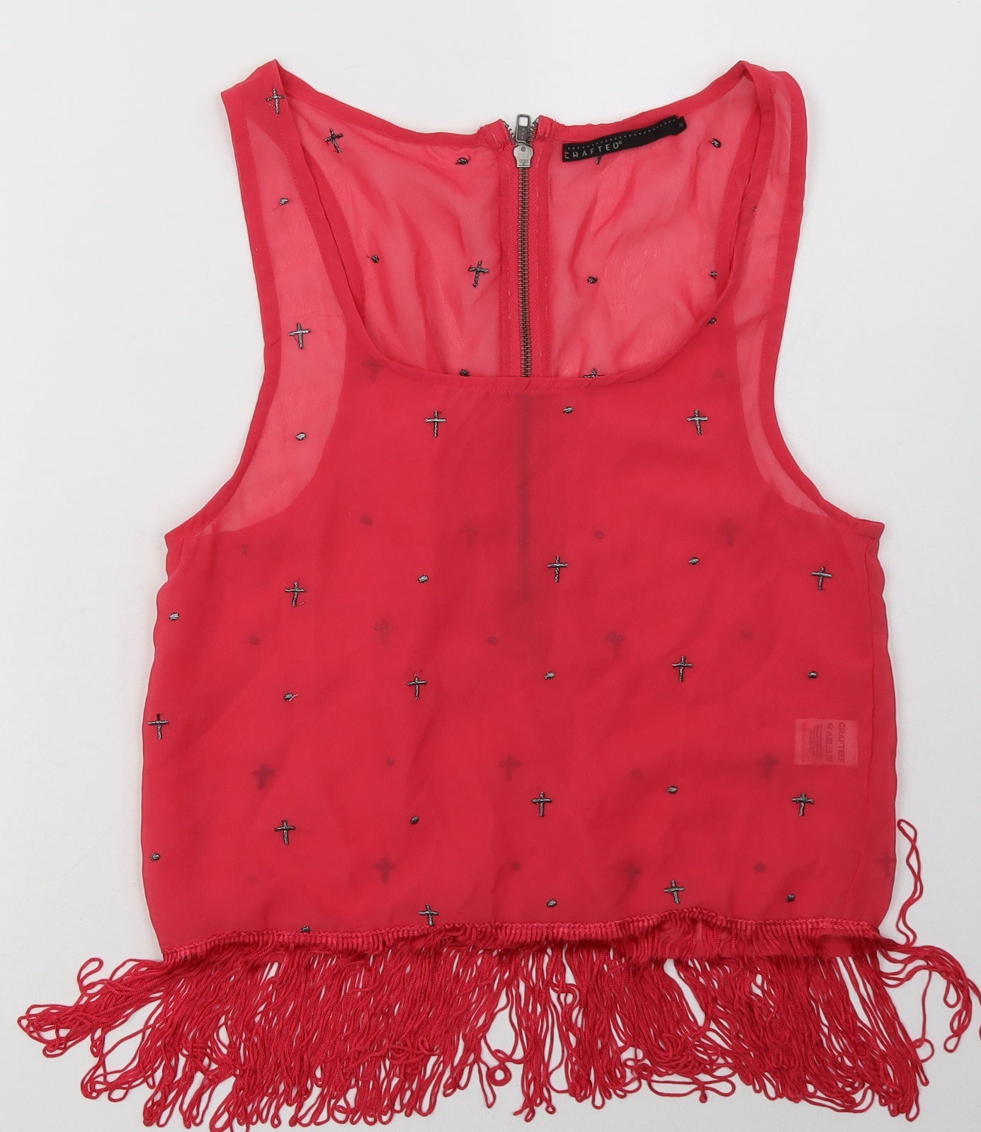Crafted Womens Pink Geometric Polyester Basic Tank Size 10 Scoop Neck