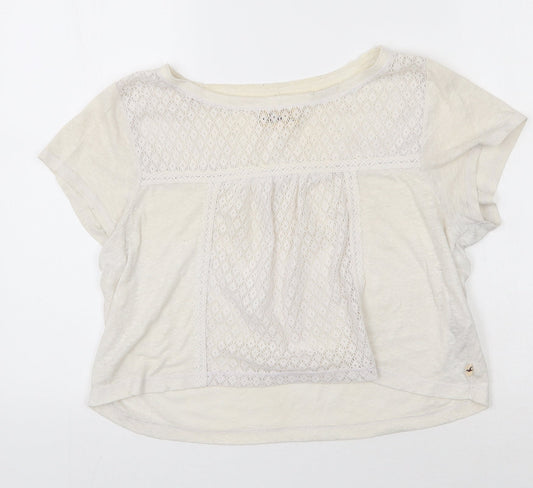 Hollister Womens Ivory  Cotton Basic T-Shirt Size S Scoop Neck - Lace detail
