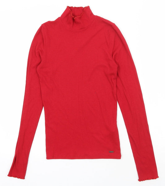 Hollister Womens Red  Cotton Basic T-Shirt Size S High Neck