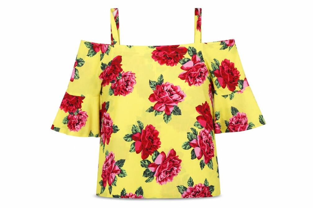 Doroth Womens Yellow Floral Polyester Basic Blouse Size 12 Off the Shoulder