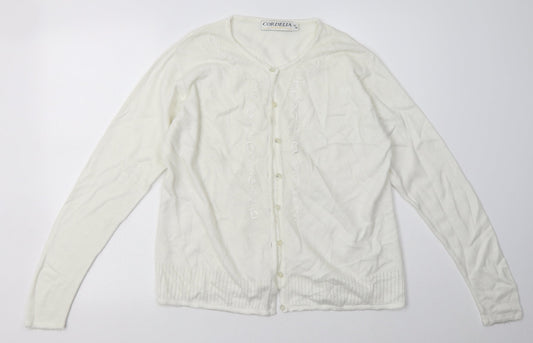 Cordelia St Womens White Crew Neck Floral Acrylic Cardigan Jumper Size 14