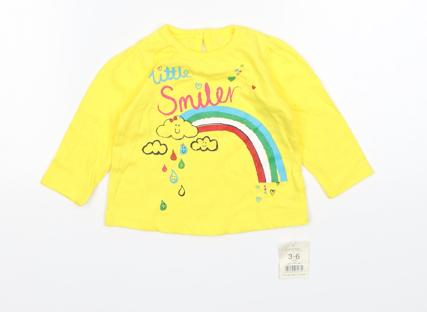 George Girls Yellow  Cotton Basic T-Shirt Size 3-6 Months Round Neck