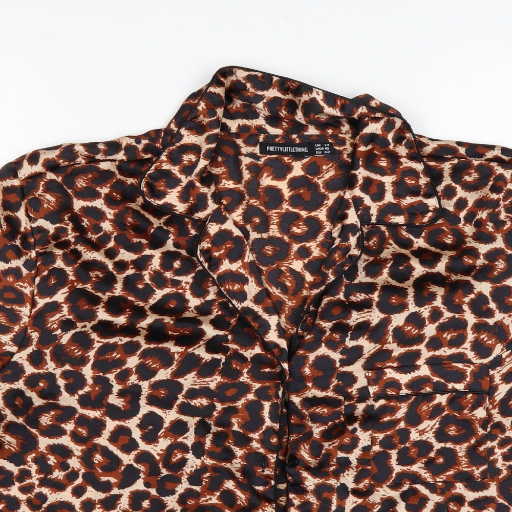PRETTYLITTLETHING Womens Multicoloured Animal Print Polyester Basic Button-Up Size 14 Collared