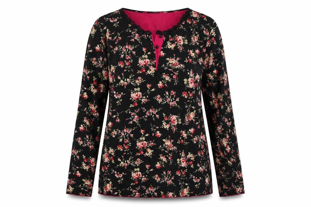 Stil Modo Womens Black Floral Cotton Basic T-Shirt Size L Round Neck