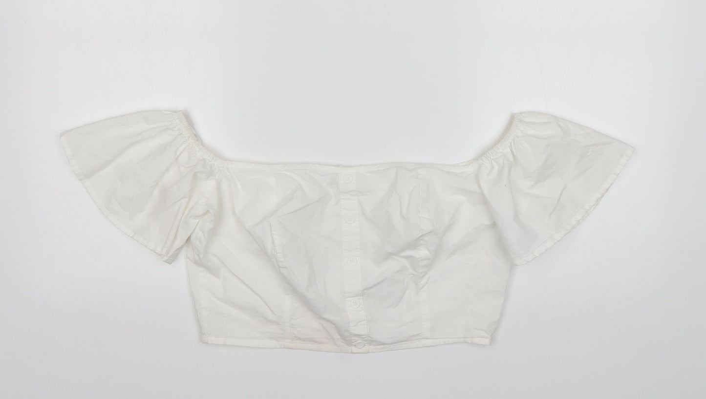 Missguided Womens White  Cotton Cropped Blouse Size 10 Boat Neck