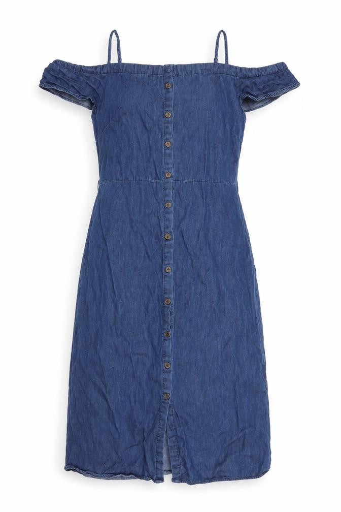 N ew Look Womens Blue  Cotton A-Line  Size 8  Boat Neck Button