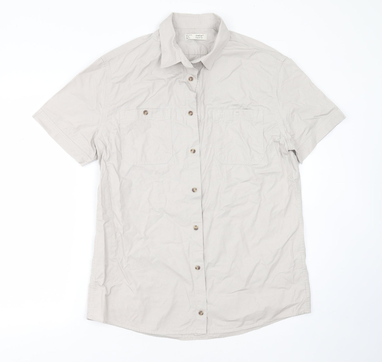 celio* Mens Grey  Cotton Blend  Button-Up Size L Collared Button