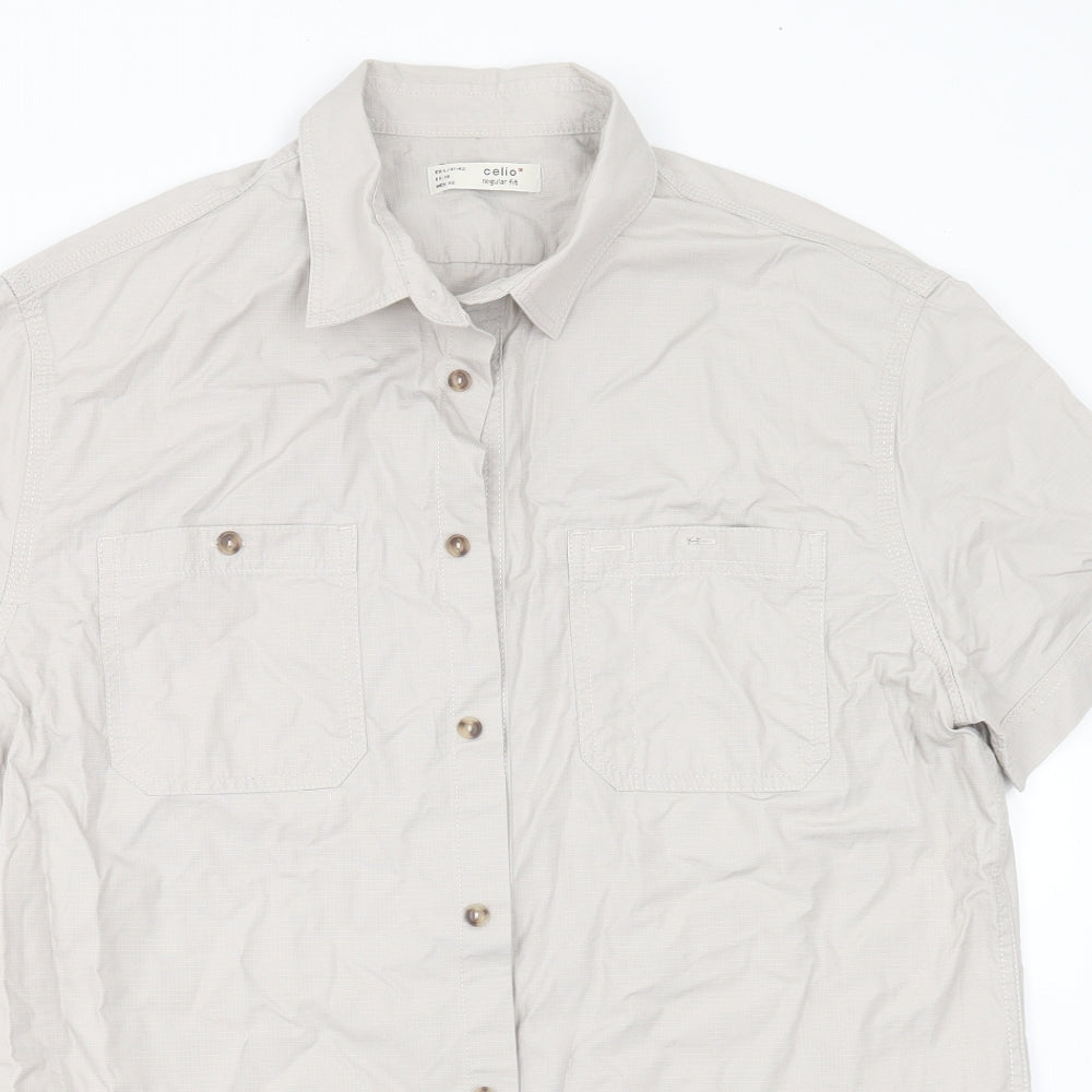 celio* Mens Grey  Cotton Blend  Button-Up Size L Collared Button