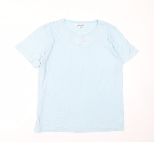 emily claire Womens Blue  Cotton Blend Basic T-Shirt Size M Round Neck - Embroidered detail