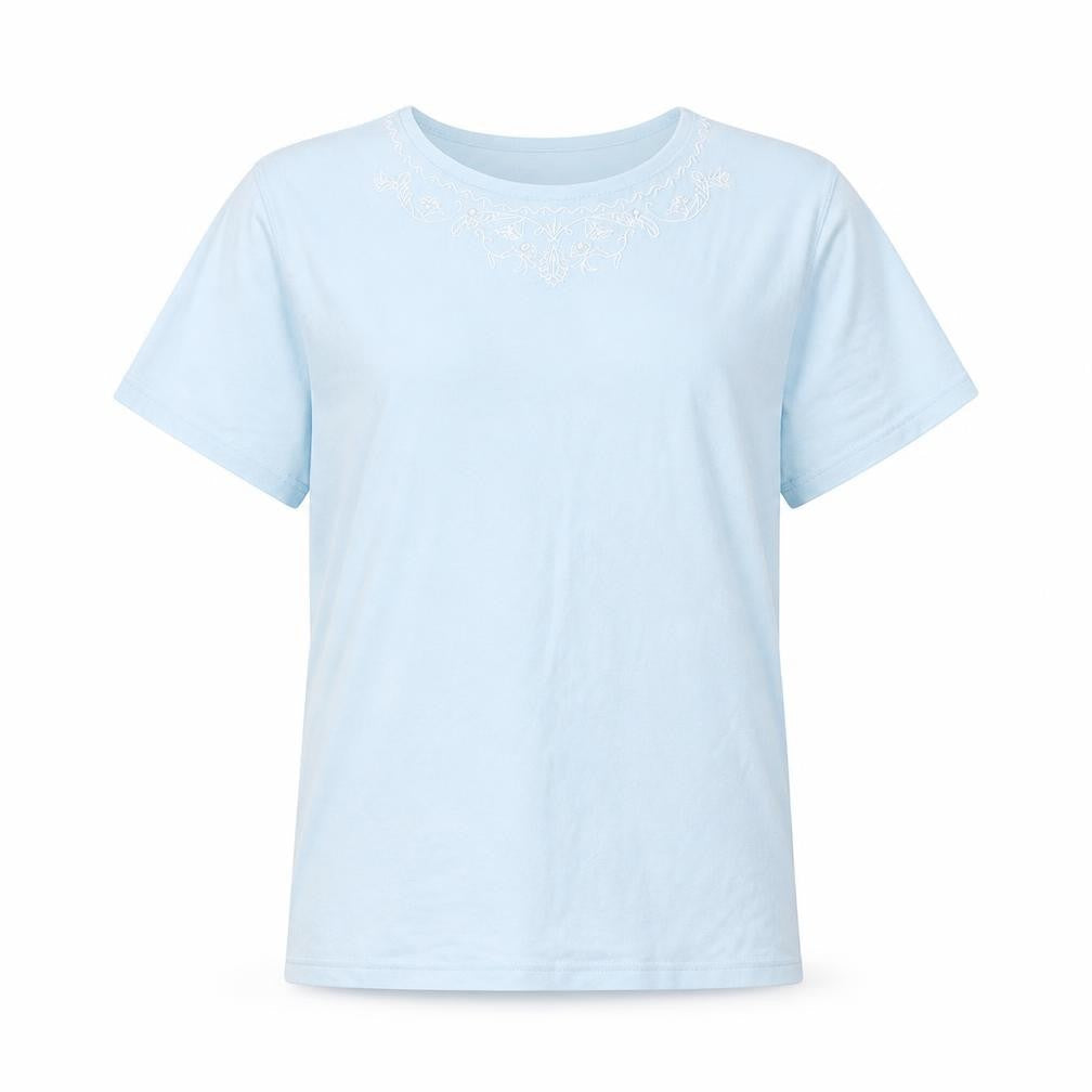 emily claire Womens Blue  Cotton Blend Basic T-Shirt Size M Round Neck - Embroidered detail