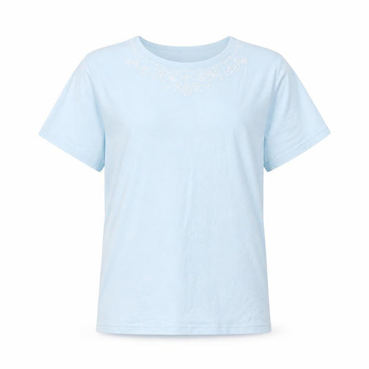 emily claire Womens Blue  Cotton Blend Basic T-Shirt Size M Round Neck - Embroidered detail