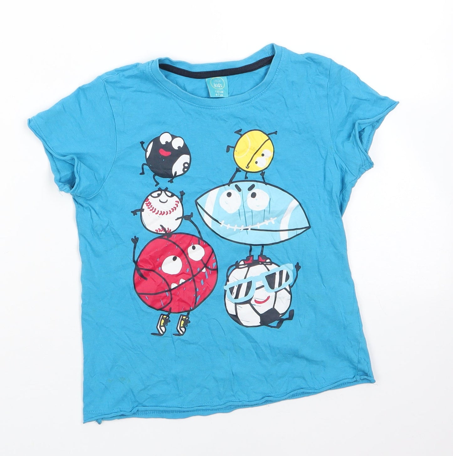 Little Kids Boys Blue  100% Cotton Basic T-Shirt Size 6-7 Years Round Neck
