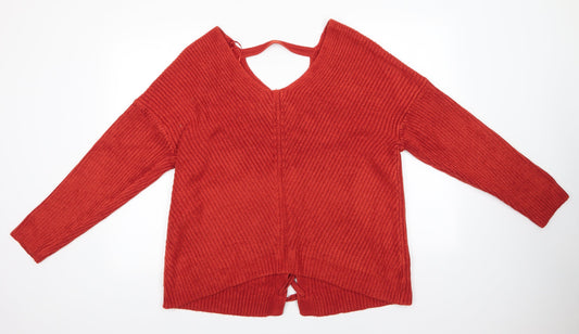 New Look Womens Orange V-Neck  Acrylic Pullover Jumper Size M