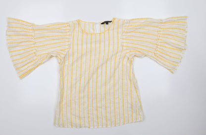Dorothy Perkins Womens Yellow Striped 100% Cotton Basic Blouse Size 10 Round Neck