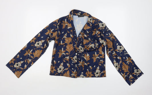 PRETTYLITTLETHING Womens Blue Floral Polyester Basic Button-Up Size 6 Collared