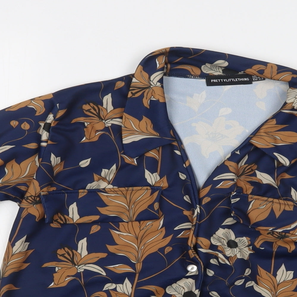 PRETTYLITTLETHING Womens Blue Floral Polyester Basic Button-Up Size 6 Collared