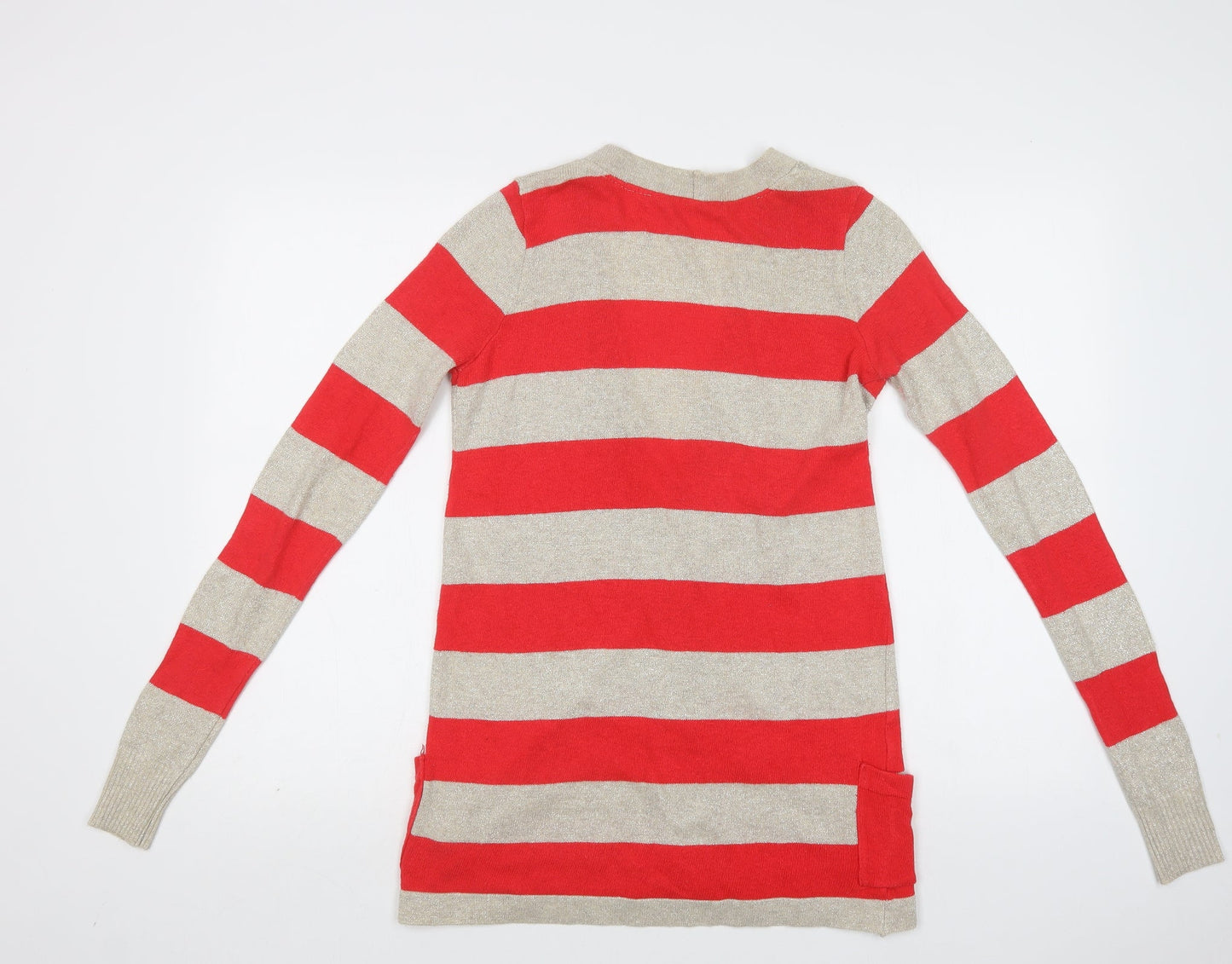 Preworn Womens Red V-Neck Striped Cotton Cardigan Jumper Size S