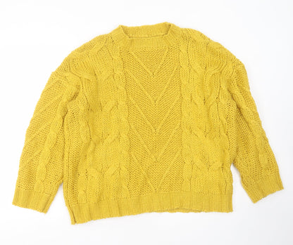 Preloved In Vogue Womens Yellow Round Neck Geometric Acrylic Pullover Jumper One Size - Front
