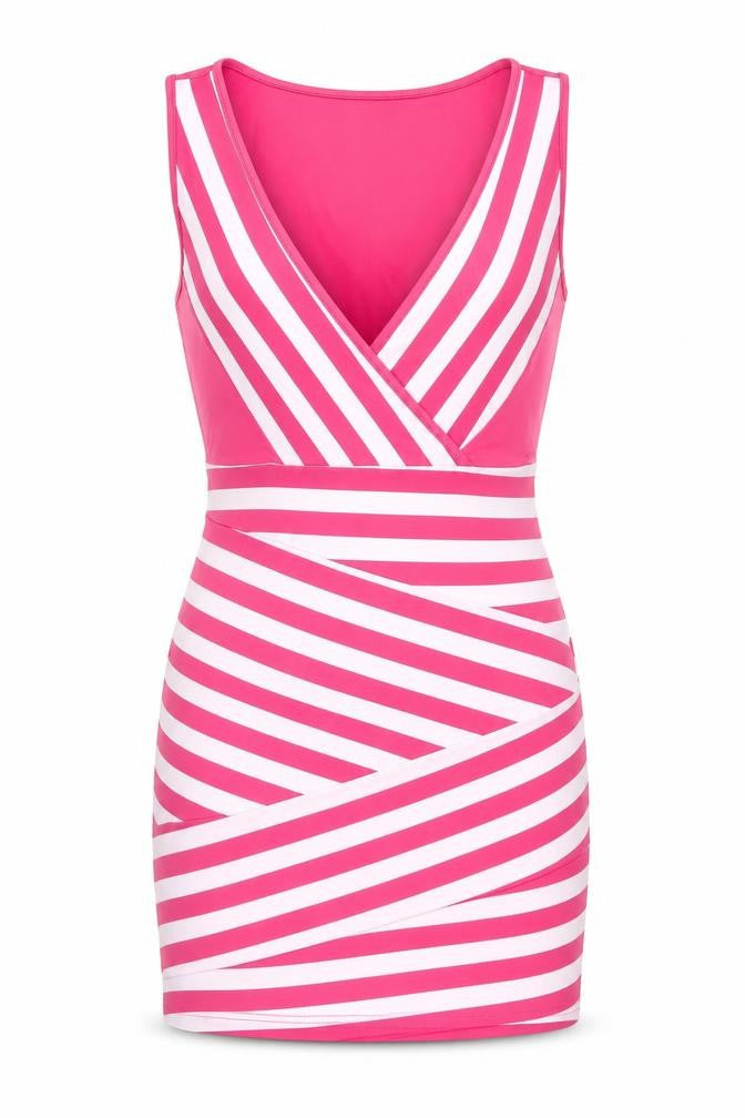 Finejo Womens Pink Striped Polyester Mini  Size M  V-Neck