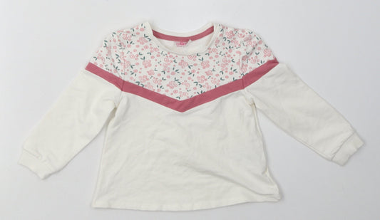pep&co Girls White Floral Cotton Basic Casual Size 18-24 Months Crew Neck Pullover