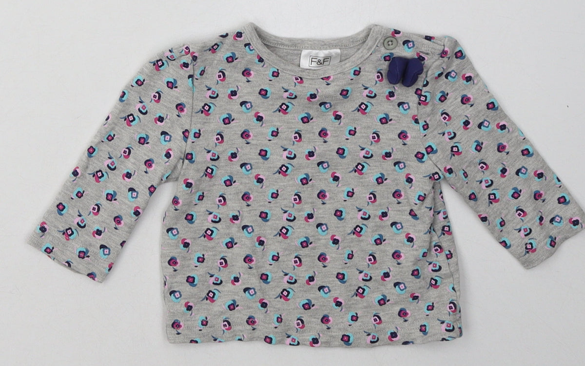 F&F Girls Grey Floral Cotton Basic Casual Size 3-6 Months Crew Neck Button