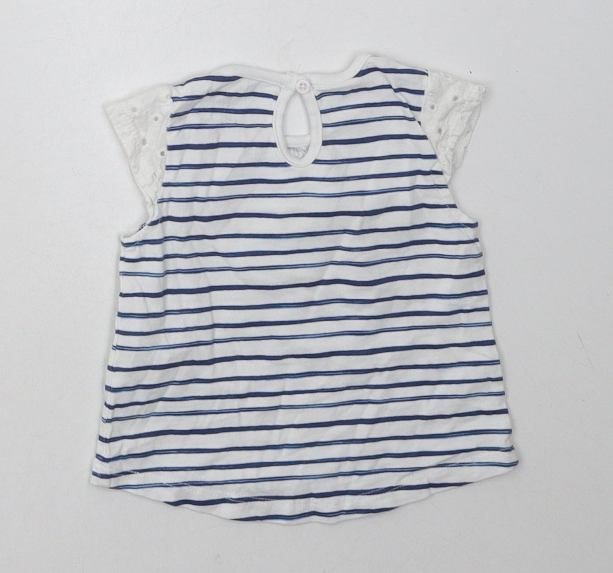 F&F Girls Blue Striped Cotton Basic T-Shirt Size 0-3 Months Crew Neck Button