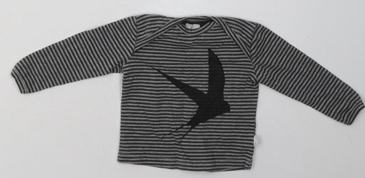 Preworn Boys Grey Striped Cotton Basic T-Shirt Size 0-3 Months Crew Neck Pullover