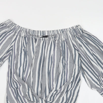 Preloved New Look Womens Grey Striped Viscose Basic Blouse Size 8 Off the Shoulder - Detail