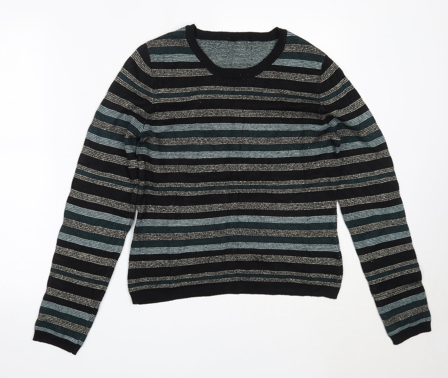 Oasis Womens Black Round Neck Striped Viscose Pullover Jumper Size M